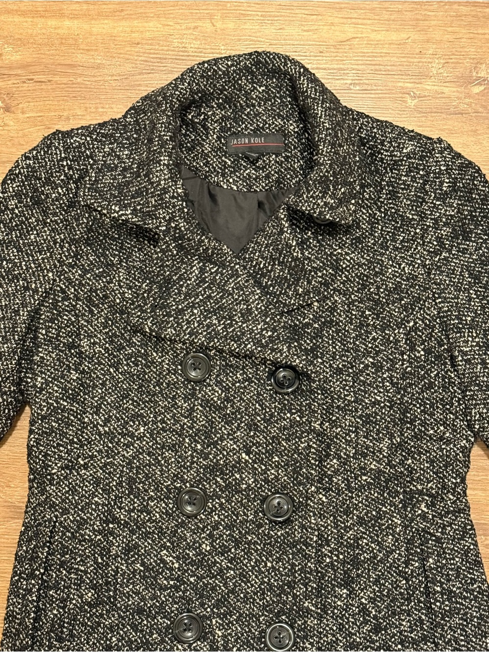 Women's Black Heathered Pea Coat with Classic Double-Breasted Styling - Picture 2 of 8